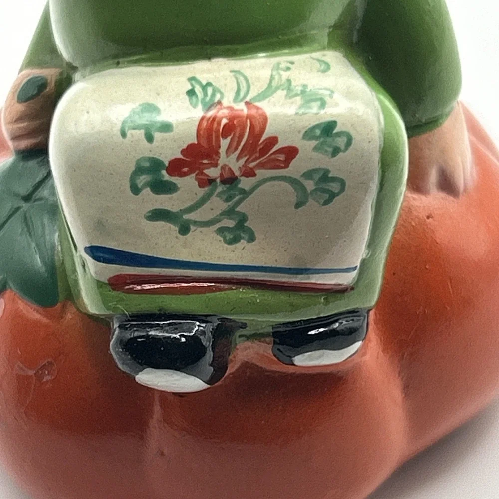 Vintage Ceramic Figurine Pencil Sharpener Asian Child on Pumpkin 1950s–70s Japan